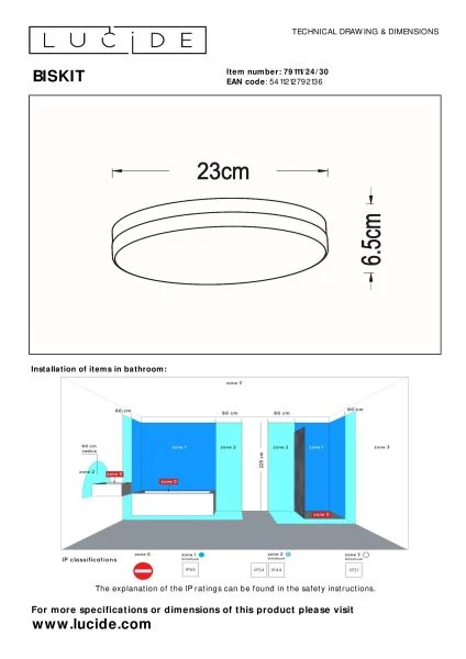 Lucide BISKIT - Deckenleuchte Badezimmer - Ø 23 cm - LED - 1x12W 2700K - IP44 - Bewegung und Tag/Nacht-Sensor - Schwarz - technisch